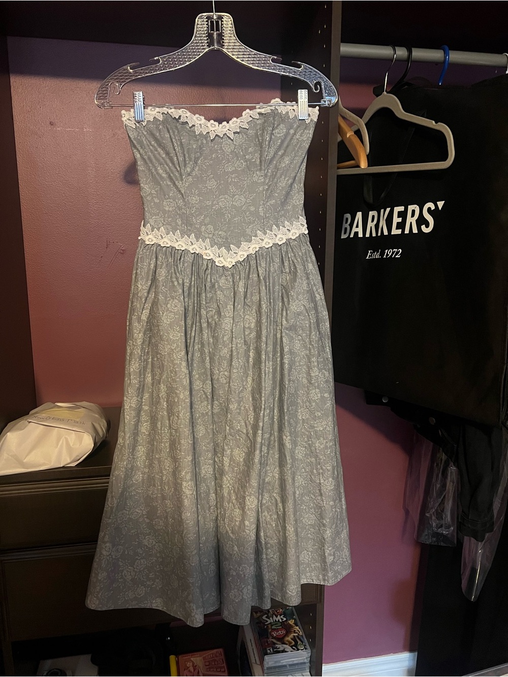 Vintage 80s Gunne Sax Strapless Gray Floral Lace-Trim Dress